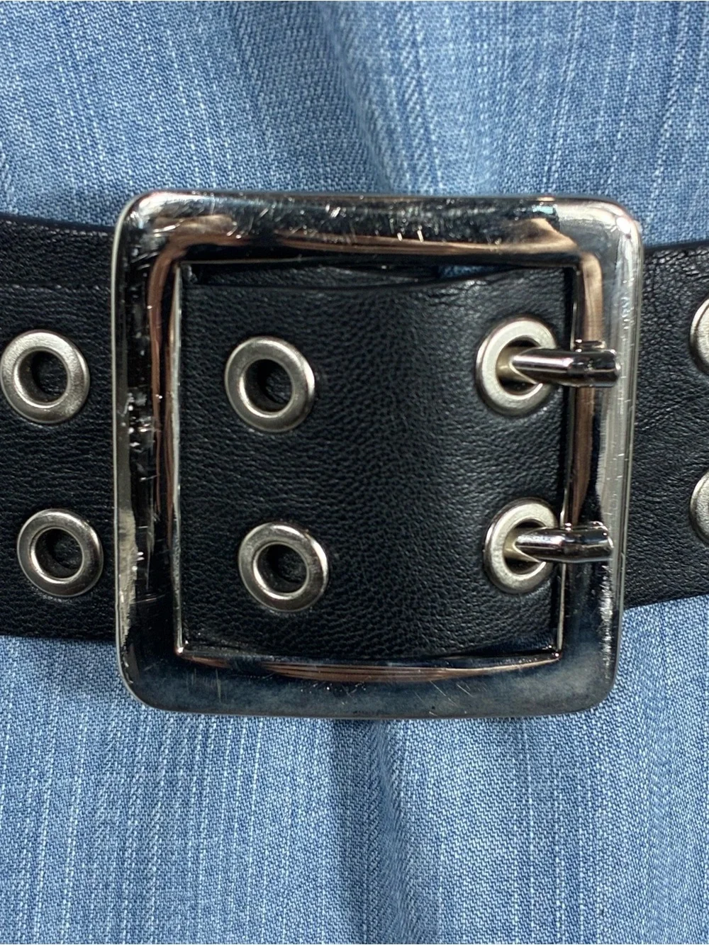 Womens belt Black faux Leather Belt double silver eyelets 34” long Y2K punk goth